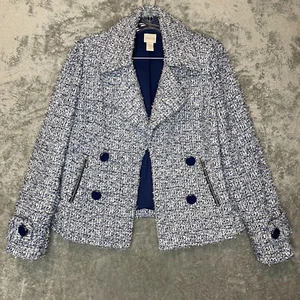 Chicos Women Classic Coquette Preppy Blue Tweed Open Front Blazer Jacket 4 - Picture 1 of 12