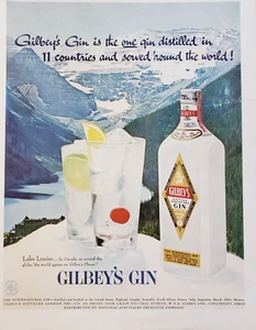 1957 Gilbey's Gin Lake Louise Kanada Schneebedeckte Berge Vintage Druckanzeige - Bild 1 von 1