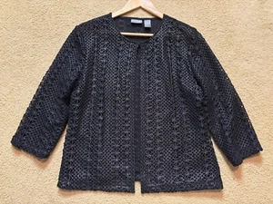 Chico's Black Open Knit Sheer Silver Metallic Crochet Cardigan Jacket 1, M 8 - Picture 1 of 4