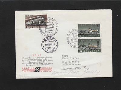 Switzerland 1947 100 Year Trains Railroad Forwarded Horgen Grabs Cover 5q - Image 1 of 2