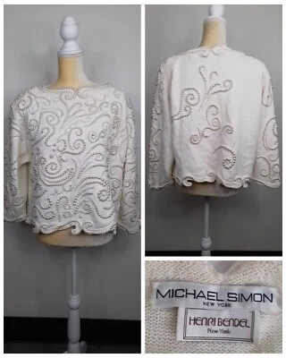 Vintage Micheal Simon and Henri Bendel Sweater Women's 2 Cream w/ Pearls #J2118 - Image 1 of 4