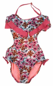 NEW GIRLS 7 JESSICA SIMPSON ONE PIECE CUTOUT SWIMSUIT SUIT PINK FLORAL FLOWERS - Picture 1 of 1