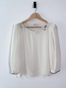 Vintage Pure Class Elfenbein Perlen verziert halbtransparent Langarm Bluse Gr. M - Bild 1 von 6
