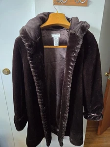 Vintage Covington Chocolate Brown Faux Fur Spiral Trim Hooded Coat Womens Size L - Imagen 1 de 3