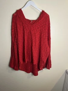 Free People Women Red Oversize Waffle Knit Pullover Hooded Sweater Top Sz Med - Picture 1 of 7
