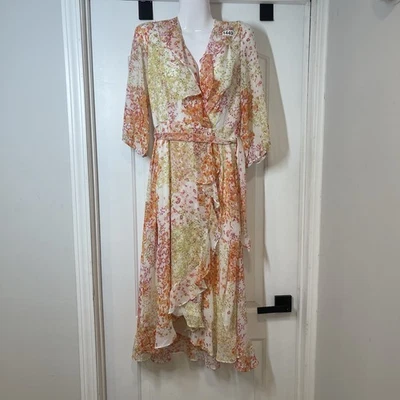 Maison Tara Womens 6 Midi Faux Wrap Dress Floral Ruffle Peasant Gypsy Modest - Image 1 of 4