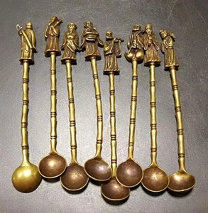 8pc Chinese Old Brass Handmade Carved Eight Immortals Small Spoon 9018 - Picture 1 of 5
