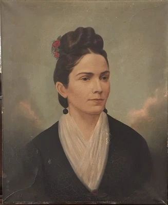 Antique Oil On Canvas Portrait Victorian Lady Roses In Hair 18X22 Unsigned AS IS - Image 1 of 4