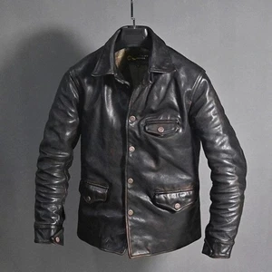 Men's Distressed Black Leather Jacket Vintage Biker Motorcycle Casual Style - Picture 1 of 6