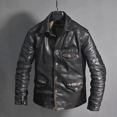Men's Distressed Black Leather Jacket Vintage Biker Motorcycle Casual Style - Image 1 of 4