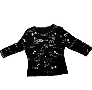 Flower N Ringtop L black cats print rhinestone embellished cat lover blouse*flaw - Picture 1 of 10