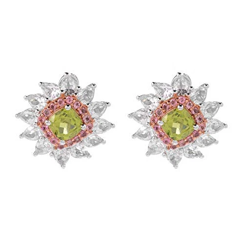 925 Sterling Silver Peridot, Pink Tourmaline, White Topaz Stud Earrings - Image 1 of 1
