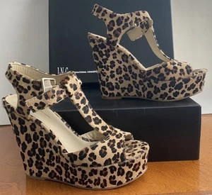 INC Women's Leopard High Platform, Wedge, Open Toe, Pony Hair Upper Sandals - 8M - Picture 1 of 12