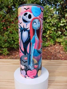 Jack and Sally Themed Valentines Day 20oz Skinny Tumbler with lid and straw - Picture 1 of 3