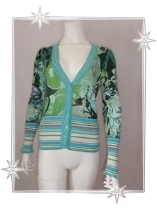 A - Magnifique Gilet Cardigan Imprimé Bleu Vert Fleurs Rayé Bandolera T 38 - Imagen 1 de 5