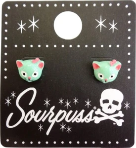Earrings - Mint Green & Pink Cat Head Stud Kitten Bows Retro Pinup Sourpuss NEW - Bild 1 von 2