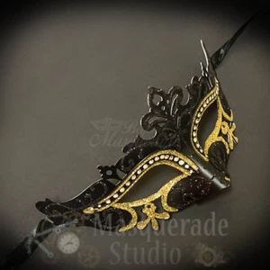 Women's Black Classic w/ Gold Glitter & Rhinestone Mardi Gras Masquerade Mask - Picture 1 of 4