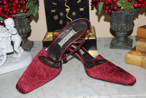 CASADEI ITALY DARK RED BURGUNDY SATIN JEWELED SLING BACK HEEL PUMP NWOB SIZE 7.5 - Picture 1 of 11