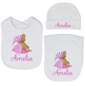 Baby Girl Personalized Custom Sleeping Bear Bib and Burp Cloth Set VS2 - Picture 1 of 26