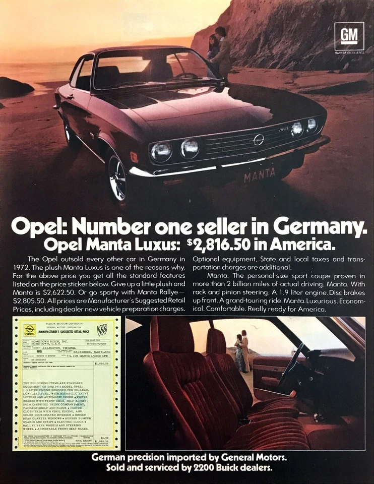 1973 Buick Opel Manta Luxus Coupe photo "#1 Seller in Germany" vintage print ad - Image 1 of 1