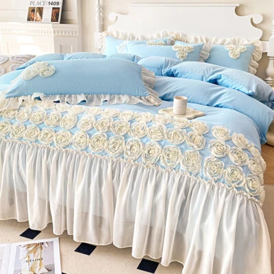 Juego de sábanas planas funda nórdica estilo princesa bordado floral 3D 4 piezas Foto 1 de 4