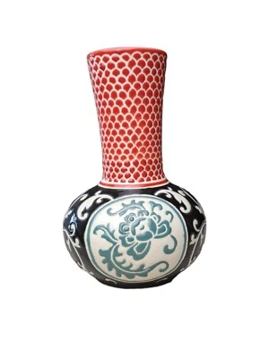 Jarrón Boho Marroquí Decorado ~ Rojo, Negro, Turquesa ~ Diseño de Desplazamiento ~ 6" de Alto  Foto 1 de 3