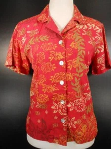 Beautiful Women's Small Jamaica Bay Red Floral Design Short Sleeve Button Blouse - Picture 1 of 5