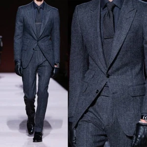 Blauer Herren Anzug Fischgrät Wollmischung Einreiher Spitzes Revers Blazer Stylisch - Bild 1 von 10