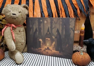 INSEGNA HALLOWEEN STREGHE FUOCO INCANTESIMI ZUCCA PRIMITIVA VINTAGE STILE POPOLARE GOTICO - Foto 1 di 12