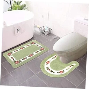 Floral Rose Bathroom Rugs Set 2 Piece,Microfiber Bath Shower Mat and U Green - Picture 1 of 7