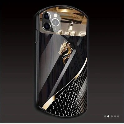 Funda iPhone 16 Pro Lujosa Dragón Imitación Madera Grano Vidrio Ovalado con Medio Espejo Foto 1 de 4