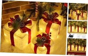 Christmas Lighted Gift Boxes, Christmas Decorations Indoor 8 7.4", White Plush - Picture 1 of 7
