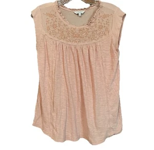 Lucky Brand Women's Size M Sleeveless Embroidered Ruffled Neckline Top Pink - Picture 1 of 6