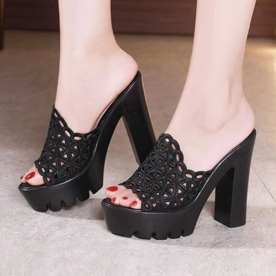 New Womens Peep Toe Glitter Sandals Platform High Block Heel Slip On Shoes Party - Image 1 of 4