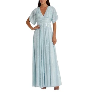 Mac Duggal Evening Gown Blue Embellished V Neck Formal Maxi Dress Size 16 - Picture 1 of 13