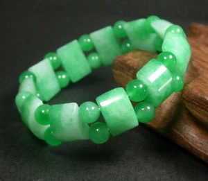 Genuine Natural Green Jade Rectangle Bamboo Beads Elastic Rope Bangle Bracelet - Picture 1 of 4