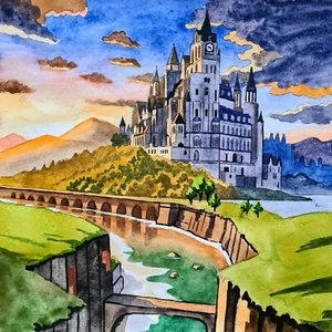 Pintura de castillo pintura de paisajes arte original pintura de acuarela - Imagen 1 de 10