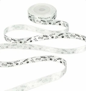 Satin Ribbon Paws Bones 5 Yard Roll White Black Hairbow Dogs Woof Gift 3/8" DIY - Picture 1 of 24