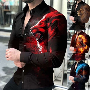 Men's Animals Print Long-sleeved Shirt Fashion Turn-down Collar Printing Tee - Picture 1 of 16