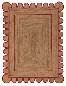 Handmade Braided Natural Pure Jute with Red Design Scalloped Rug - Picture 1 of 3