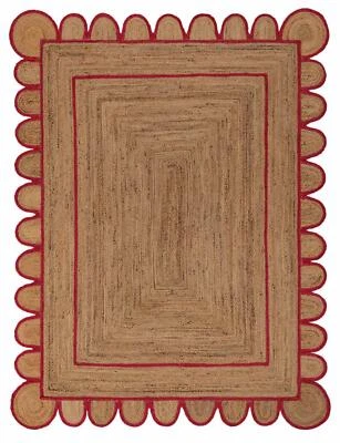 Handmade Braided Natural Pure Jute with Red Design Scalloped Rug - Image 1 of 3