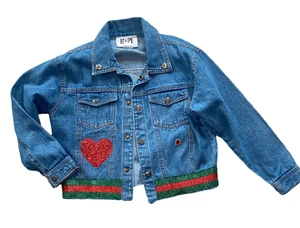 Hope Jeans girls red glitter heart embellished denim button down jean jacket 8 - Picture 1 of 3