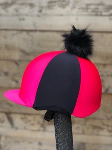 Riding hat silk skull cap cover flo pink crimson black sides fur Pom or button - Picture 1 of 27