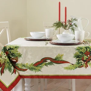 Benson Mills Christmas Ribbons Engineered Printed Fabric Table Cloth, Winter,... - Picture 1 of 6