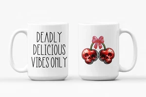 Valentine's Day Cherry Skull Ceramic Mug, Cute Bow Design, Coffee Cup Gift for - Picture 1 of 10
