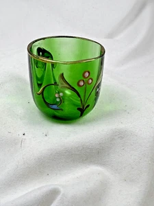 Art Glass Moser Antique Enameled Green Glass Miniature Mug Handled - Picture 1 of 6