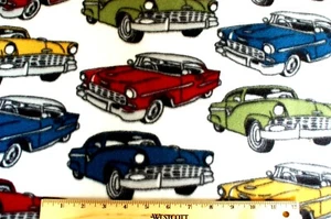 BTY* 8 INCH MULTICOLORED CLASSIC CARS ON LIGHT BEIGE FLEECE FABRIC 60x36" 1YD - Picture 1 of 3