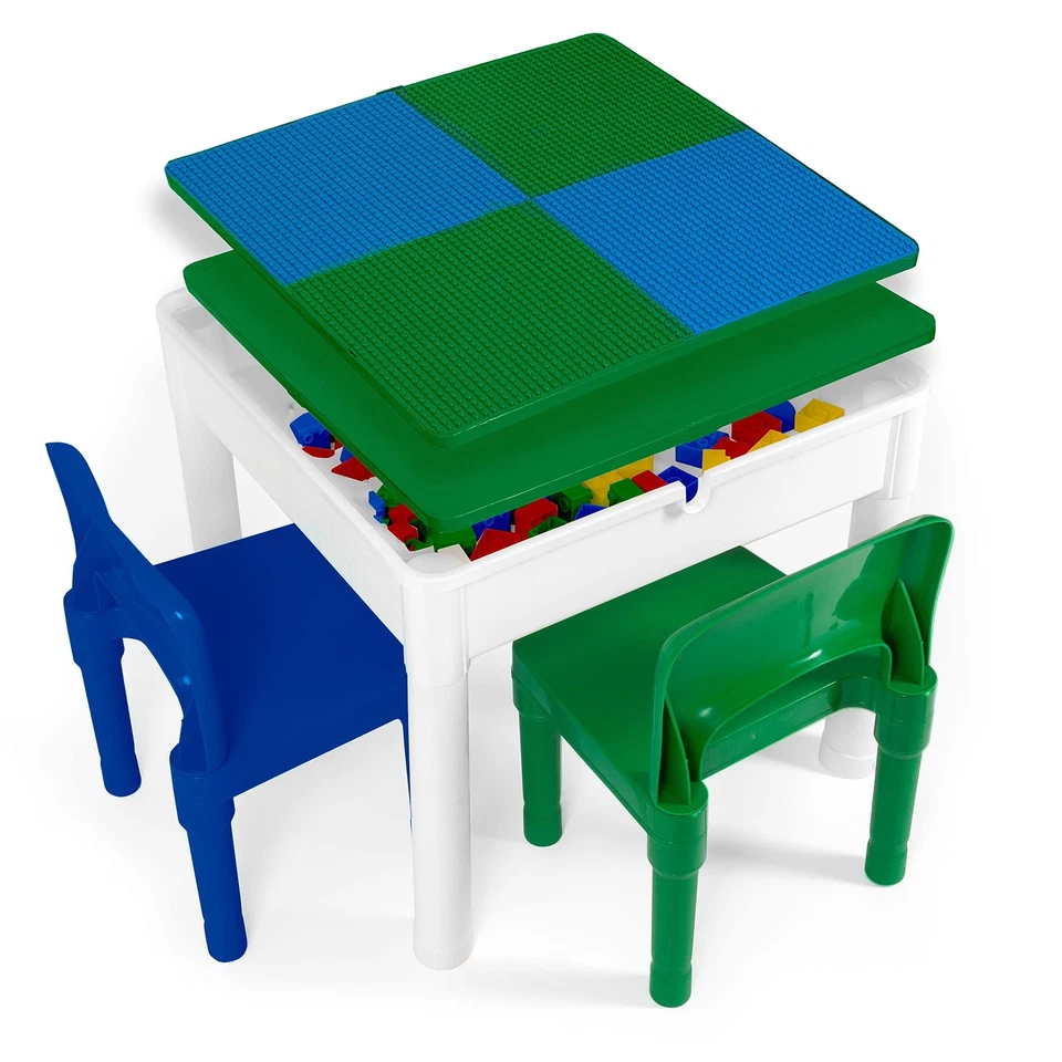 Kids Activity Table Set 3 in 1 Water Building Brick Storage Chairs 25 Bricks