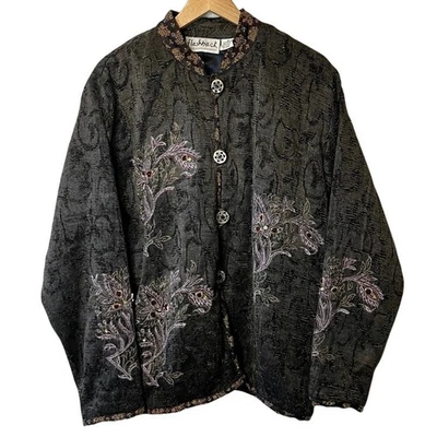Винтажный Flashback 90-х темно-зеленый текстурированный пейсли гобелен дерево кнопка богемное куртка M - Изображение 1 из 4
