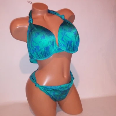 Victoria Secret Swim Bikini 38DD Top XL Bottom Blue Push Up Tropical Halter New - Image 1 of 4
